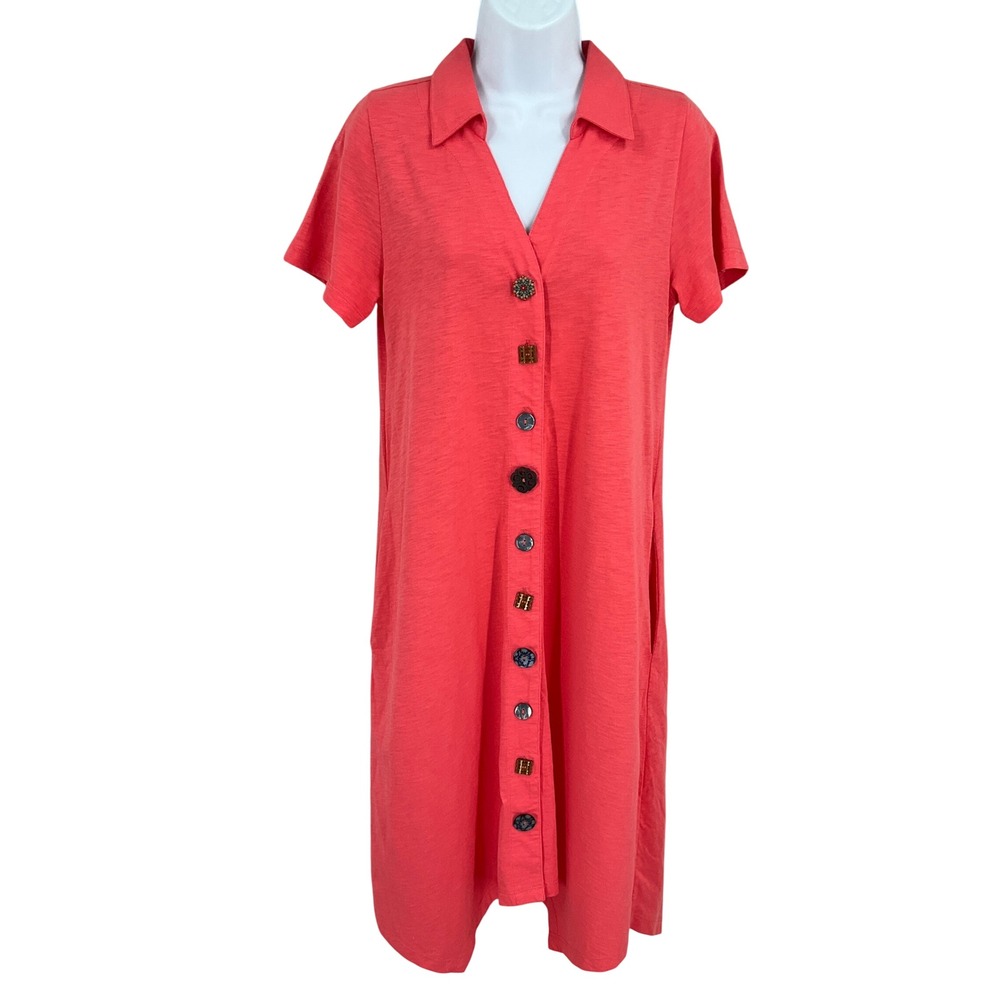 Soft Surroundings Shirt Dress Womens XS Coral Pink Cotton Boho Mismatched Button